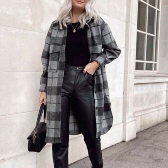 H&M Jackets & Blazers - H&M Long Shirt Jacket Shacket Lightweight Coat Plaid Gray Black NWOT XS